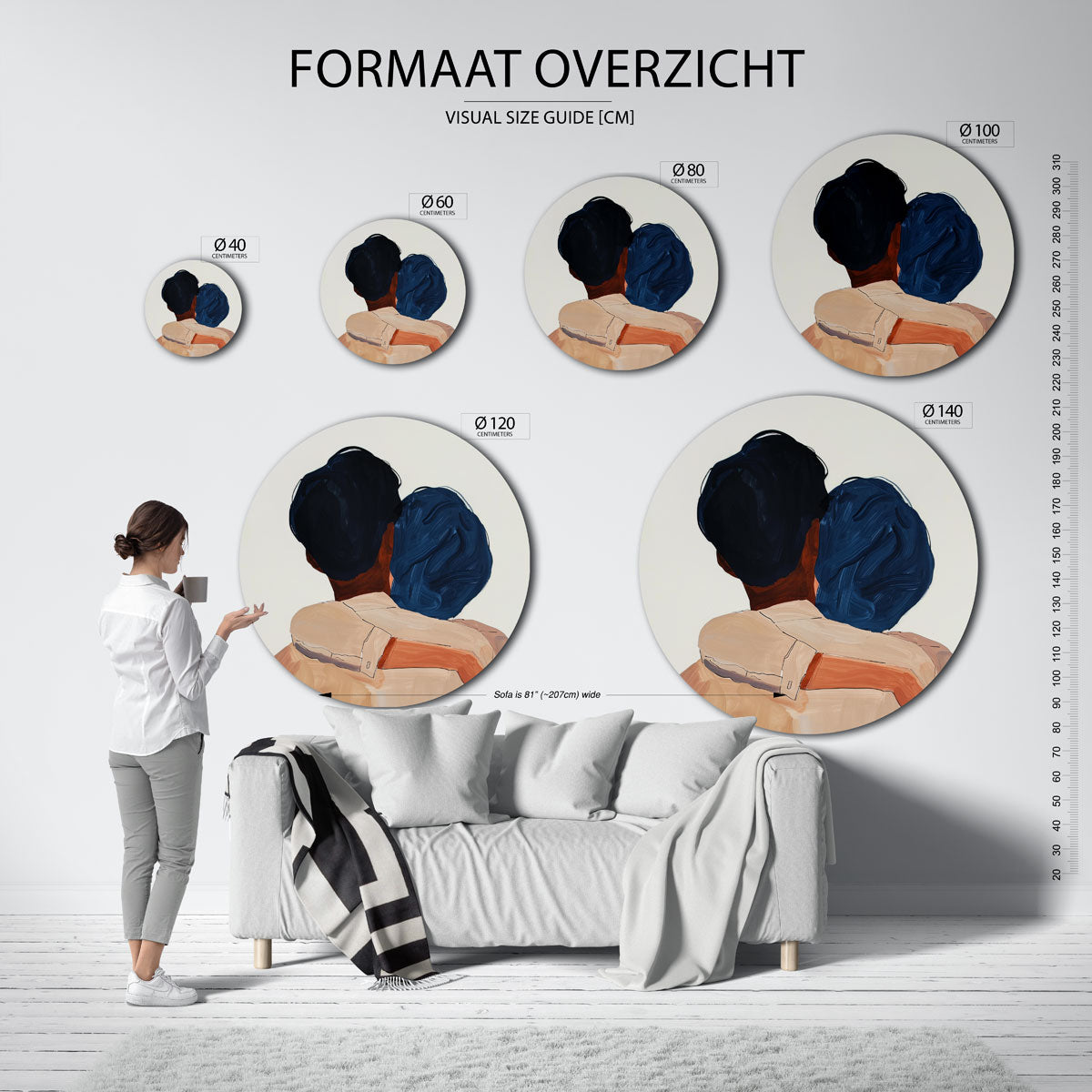 Omarmende figuren – ronde muurdecoratie met kleur en vorm