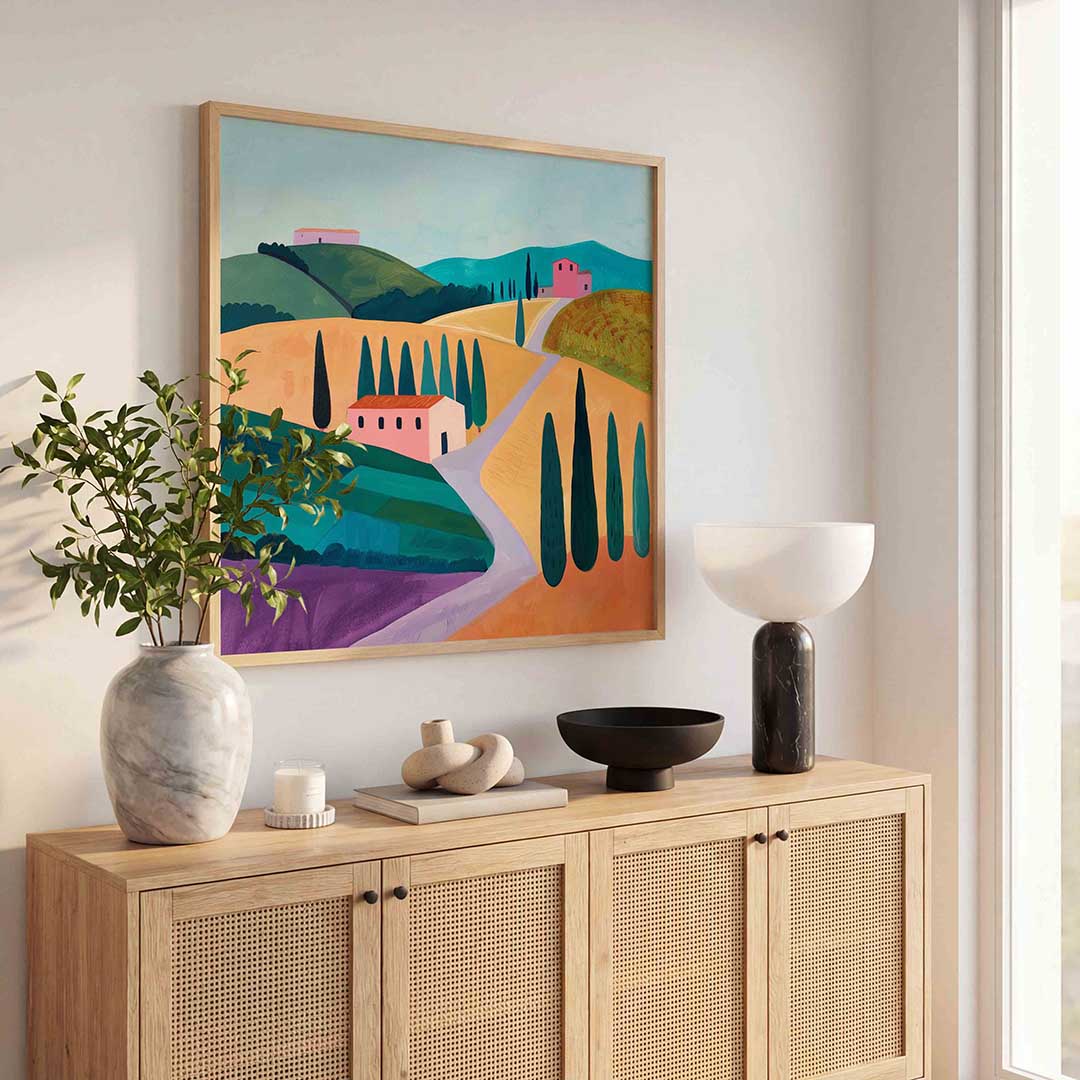 Landschap met cipressen – kunst en design poster in vierkant formaat