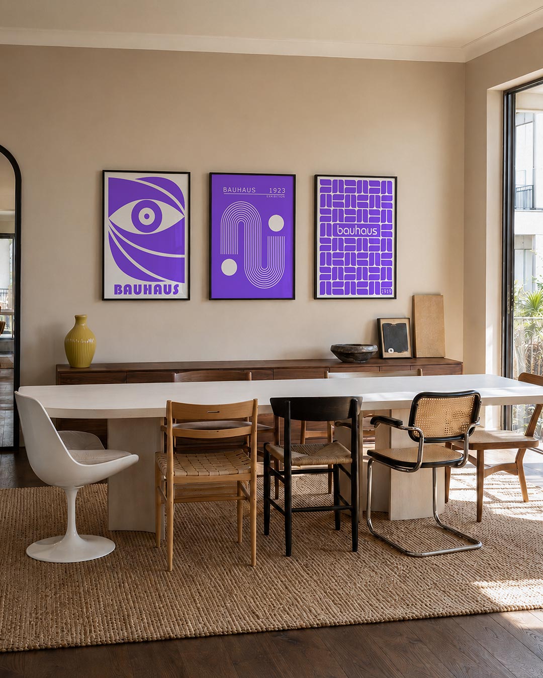 Oog en lijnen driedelige posterset – een speelse compositie van paarse en witte vlakken