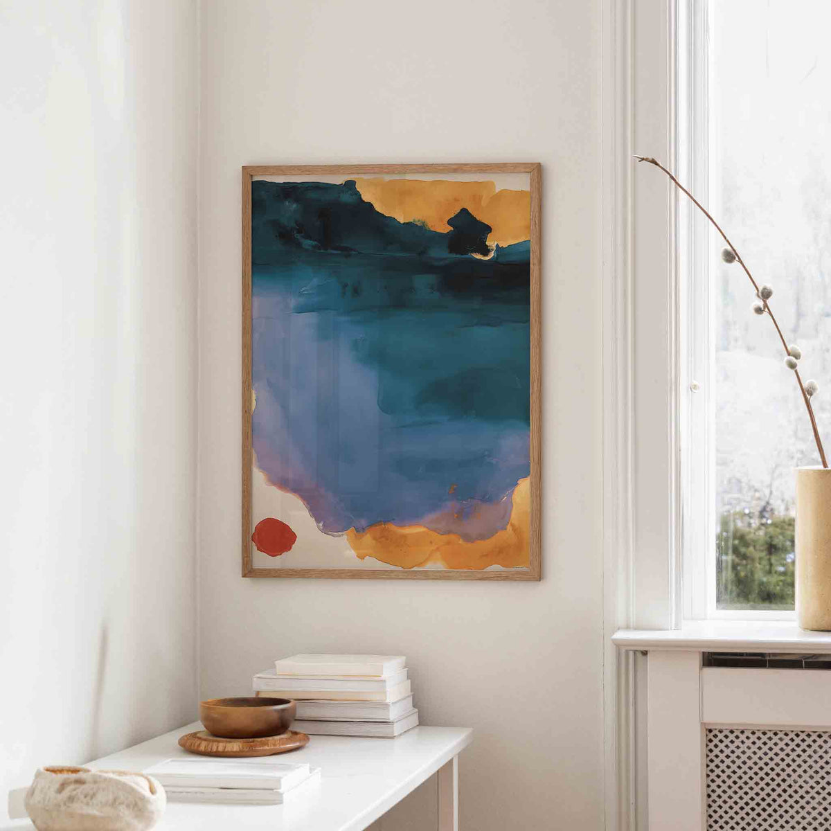 Blauw en oranje abstracte – staande hedendaagse wanddecoratie van WallArtistic