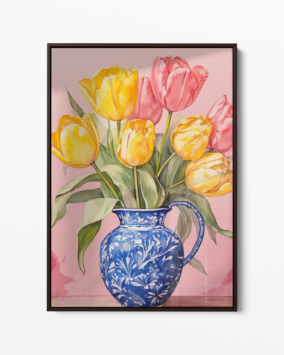 Bont Tulpenboeket in Blauwe Vaas – portret kunstwerk als wanddecoratie