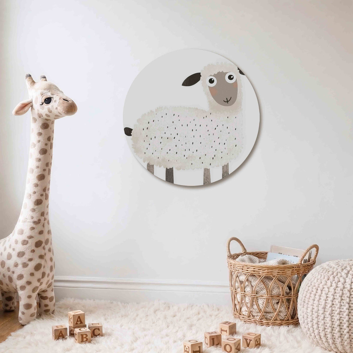Schattig schaap Muurcirkel – Een vriendelijk schaap met een wollige vacht in zachte tinten wit en grijs.