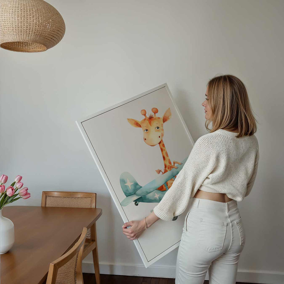 Dromerige Giraf Vlucht – kids poster als vrolijke staande wanddecoratie
