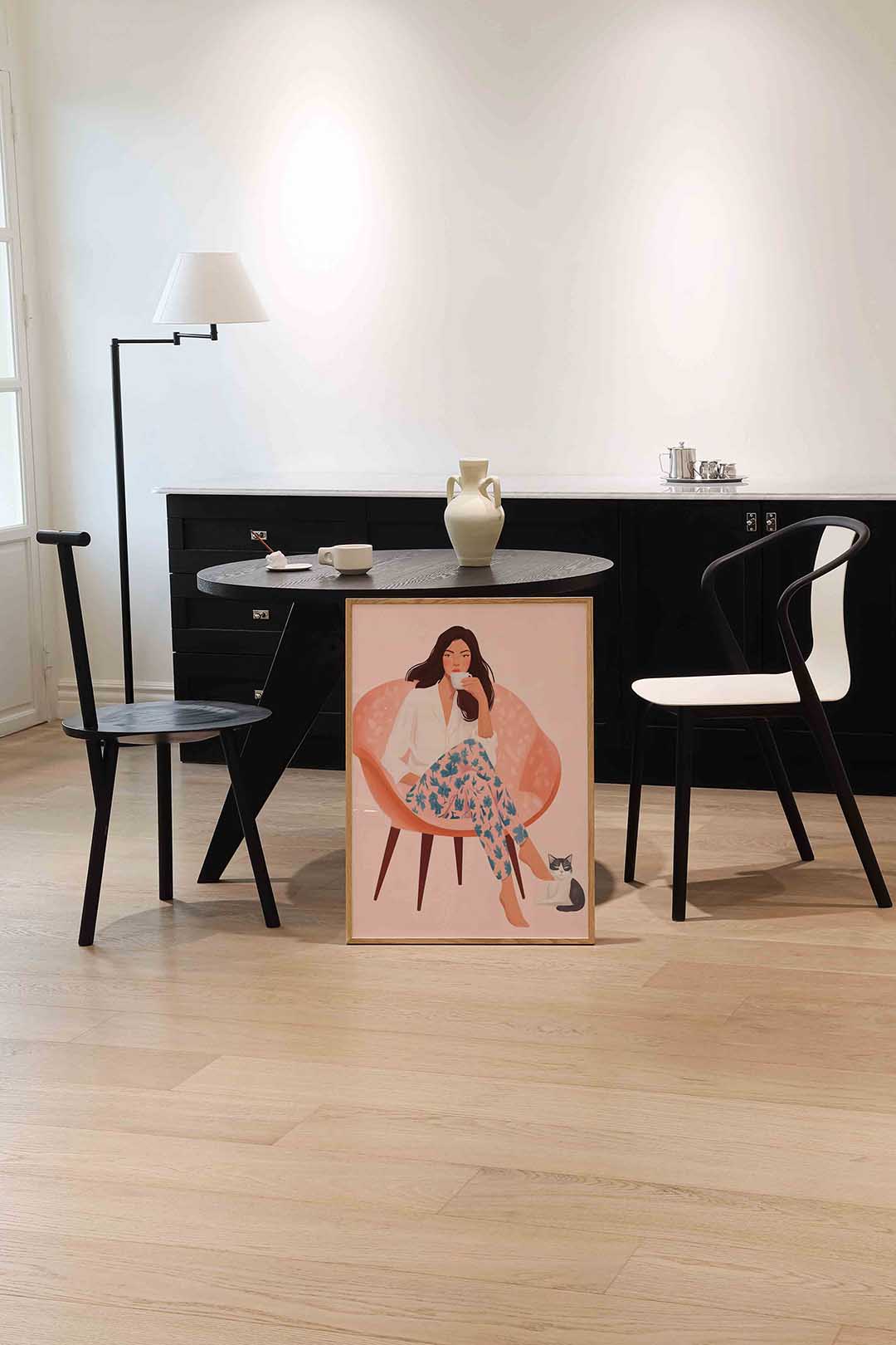 Vrouw met kopje en kat – moderne wandkunst als portret poster