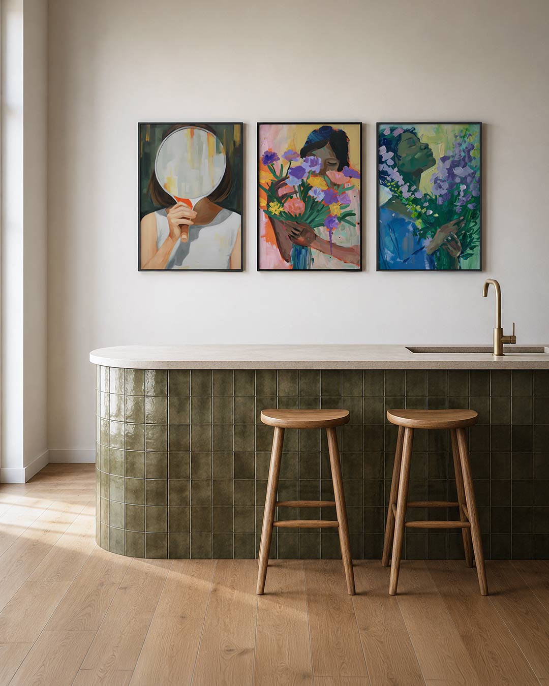 Spiegelbeeld en kleur posterset – tweede productweergave – een hand houdt een spiegel vast, reflecterend in zachte