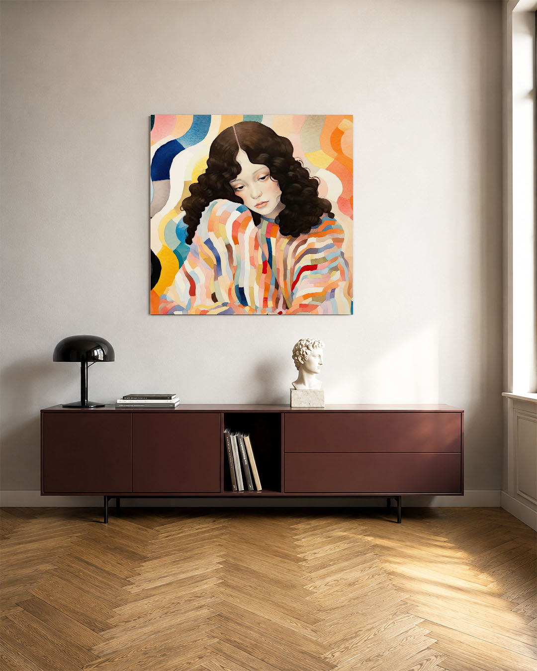 Golvende kleurenportret kunstwerk – tweede productweergave – dit werk toont een vrouw met golvend haar omringd door vloeiende