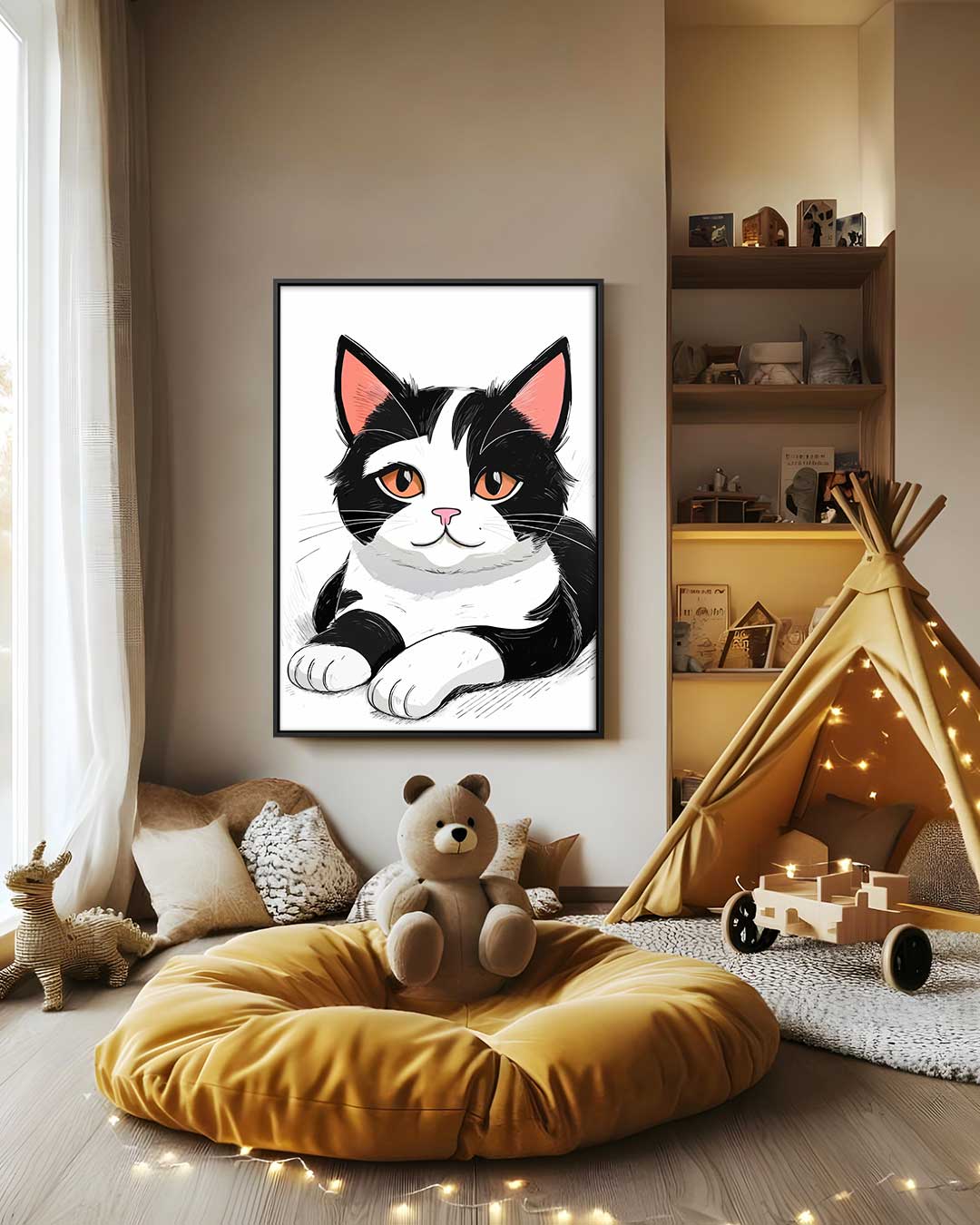 Schattige Kat Illustratie – canvas wanddecoratie in portret formaat