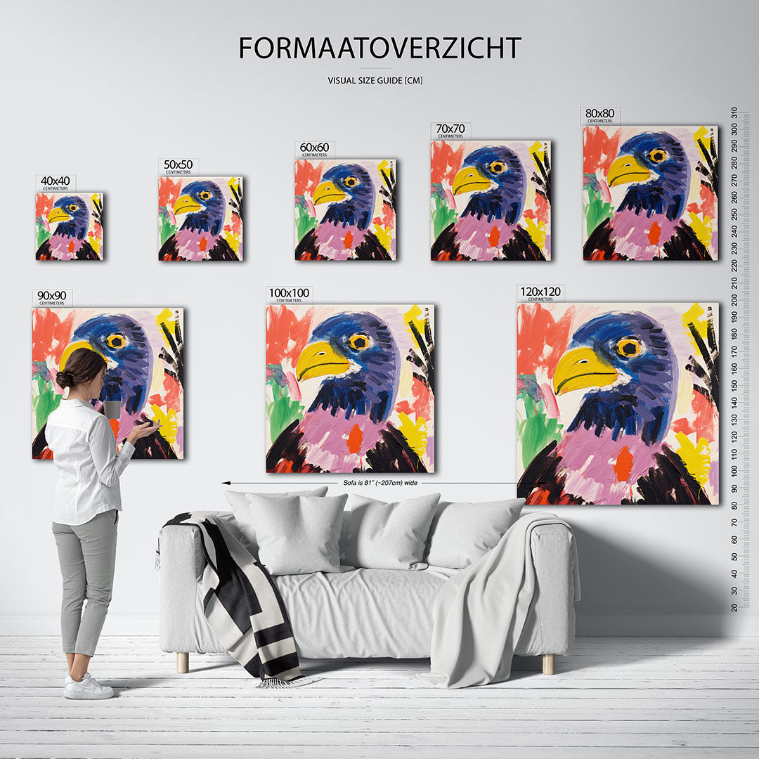 Kleurrijke vogel kunstwerk – sfeerbeeld – dit werk toont een vogel met levendige kleuren en dynamische penseelstreken. De