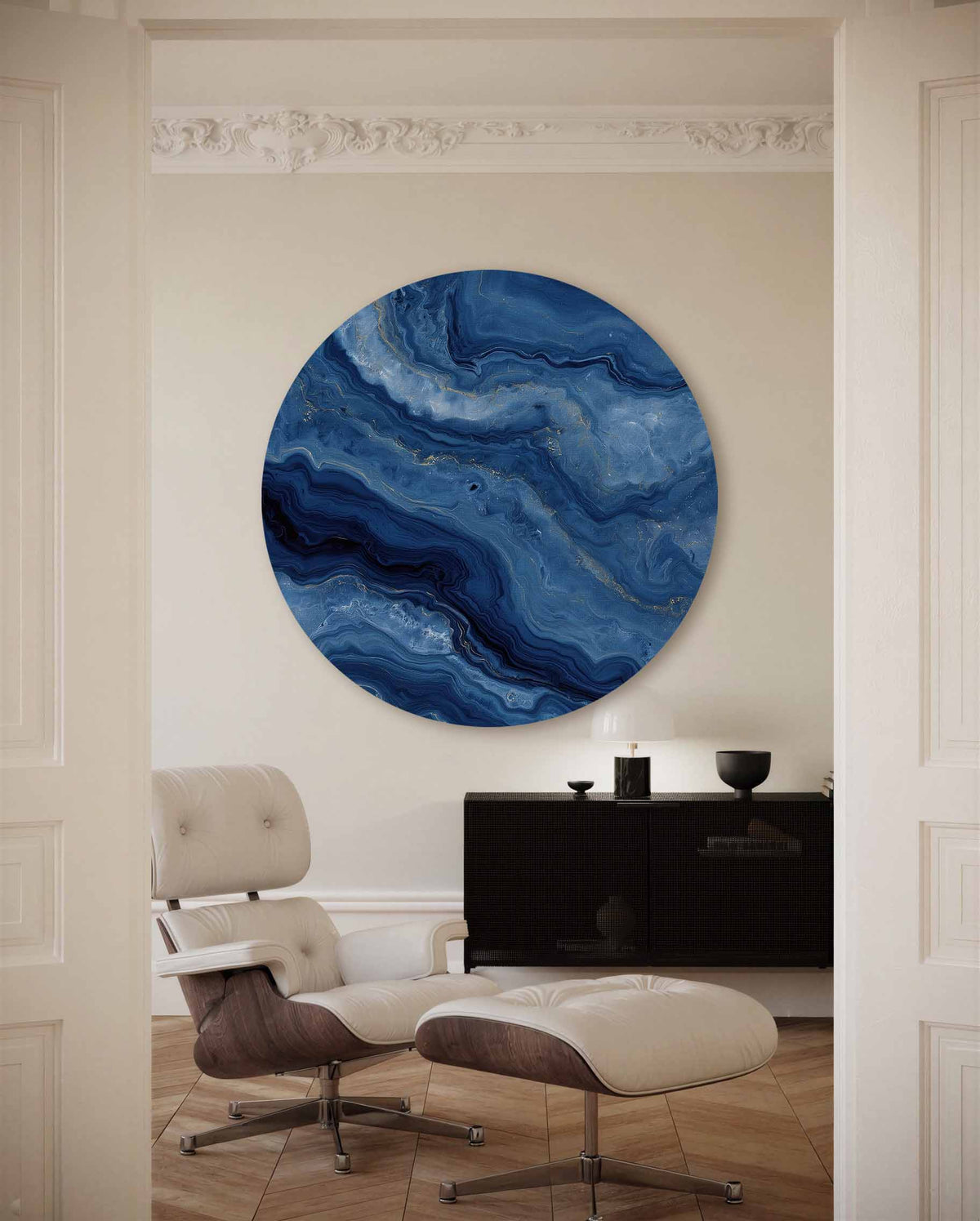 Blauwe marmerstructuur – portret muurcirkel als ronde muurdecoratie