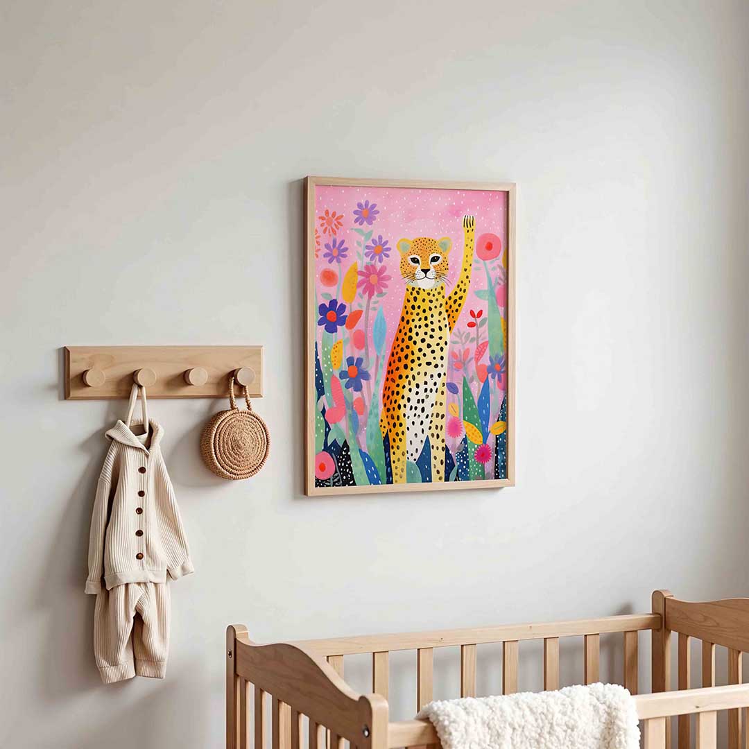 Luipaard en bloemen – kinderposter in staand formaat
