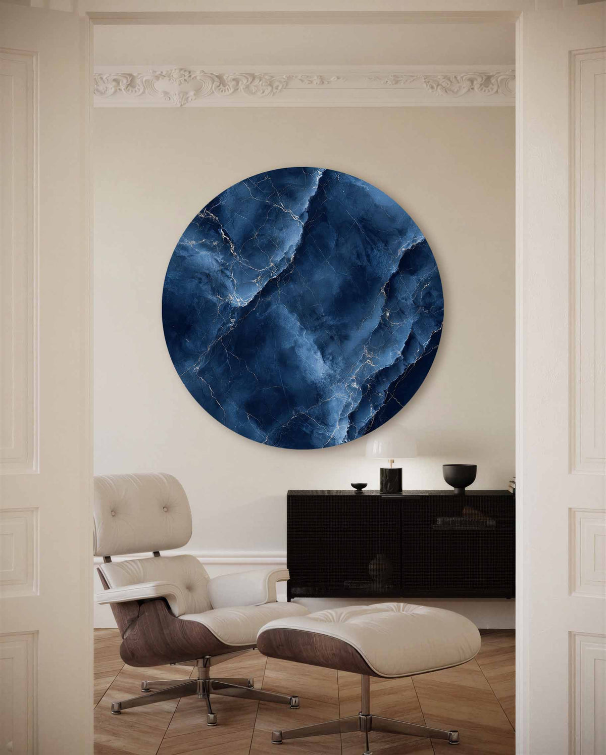 Blauwe marmerstructuur – portret muurcirkel als ronde muurdecoratie