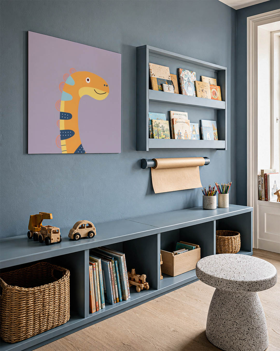 Speelse dinosaurus illustratie kunstwerk – detailweergave – dit werk toont een vrolijke dinosaurus met een oranje lichaam en