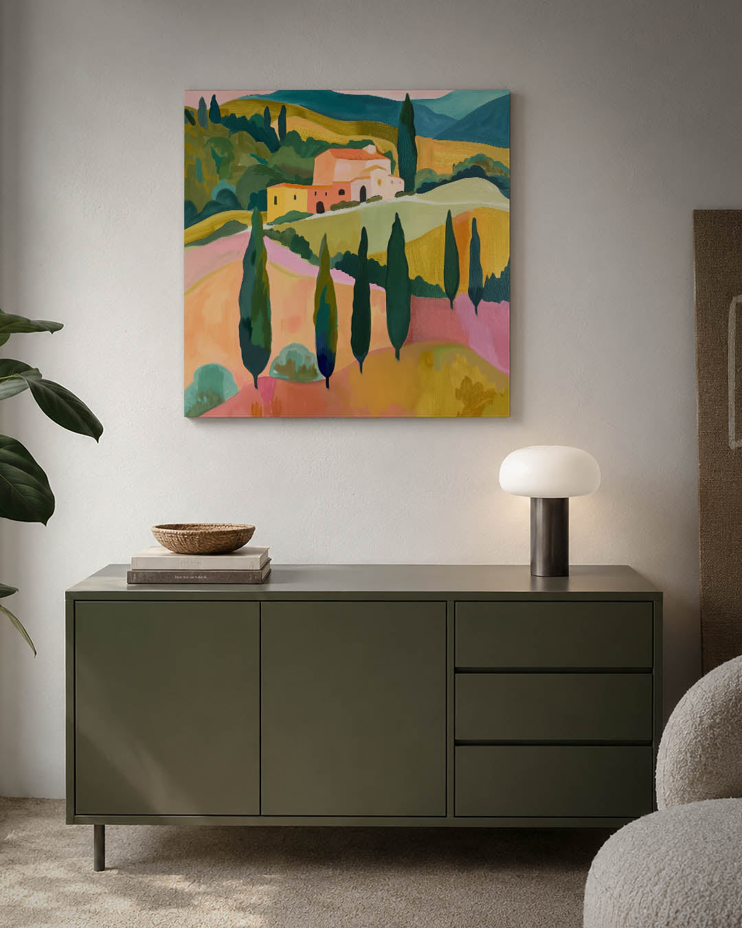 Landschap met heuvels kunstwerk – detailweergave – dit werk toont een glooiend landschap met cipressen en een huis. De