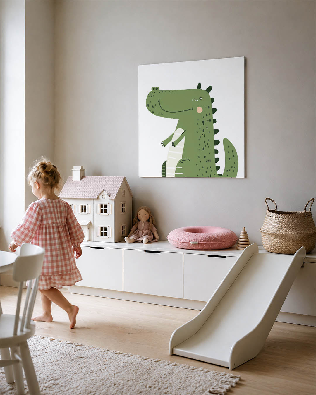 Vrolijke dinosaurus illustratie kunstwerk – tweede productweergave – dit toont een speelse groene dinosaurus met een