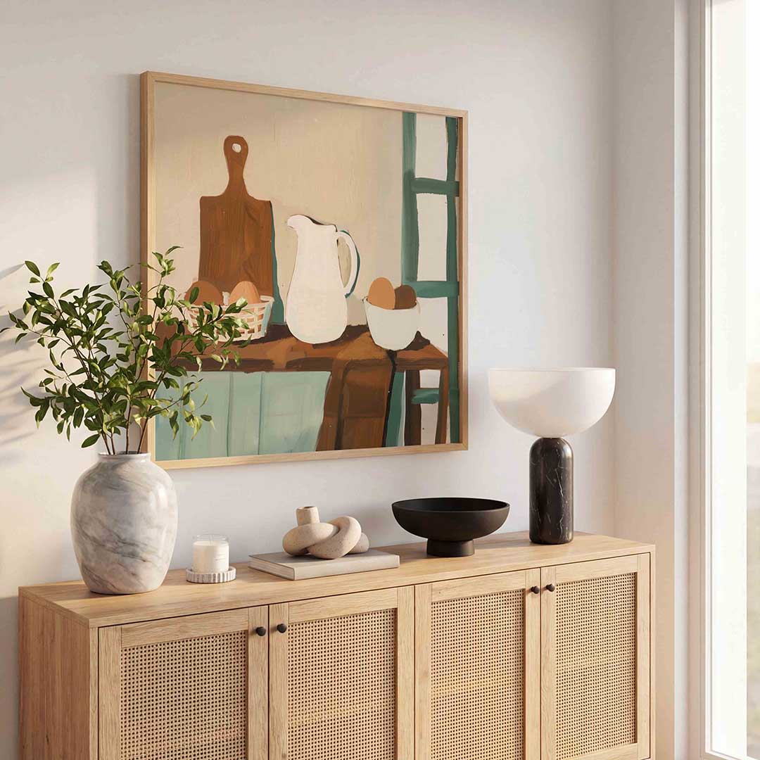 Stilleven met kan en eieren – kunst en design poster in vierkant formaat