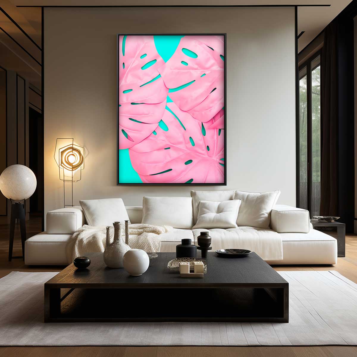 Tropische Roze Bladeren – canvas wanddecoratie in portret formaat