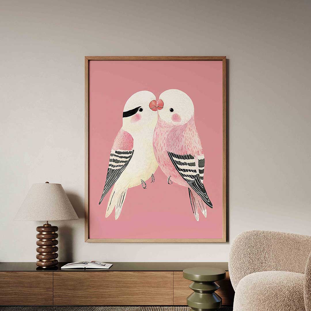 Vogels op roze – dieren poster in staand formaat