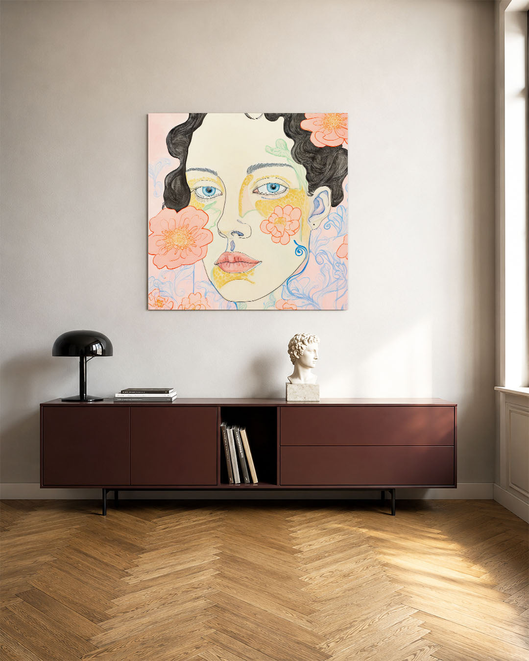 Vrouwelijk portret bloemen kunstwerk – tweede productweergave – dit kunstwerk toont een vrouwelijk gezicht met blauwe ogen