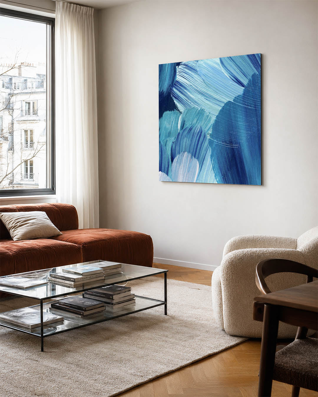 Dynamische blauwe beweging kunstwerk – vierkante wanddecoratie – dit kunstwerk toont vloeiende penseelstreken in