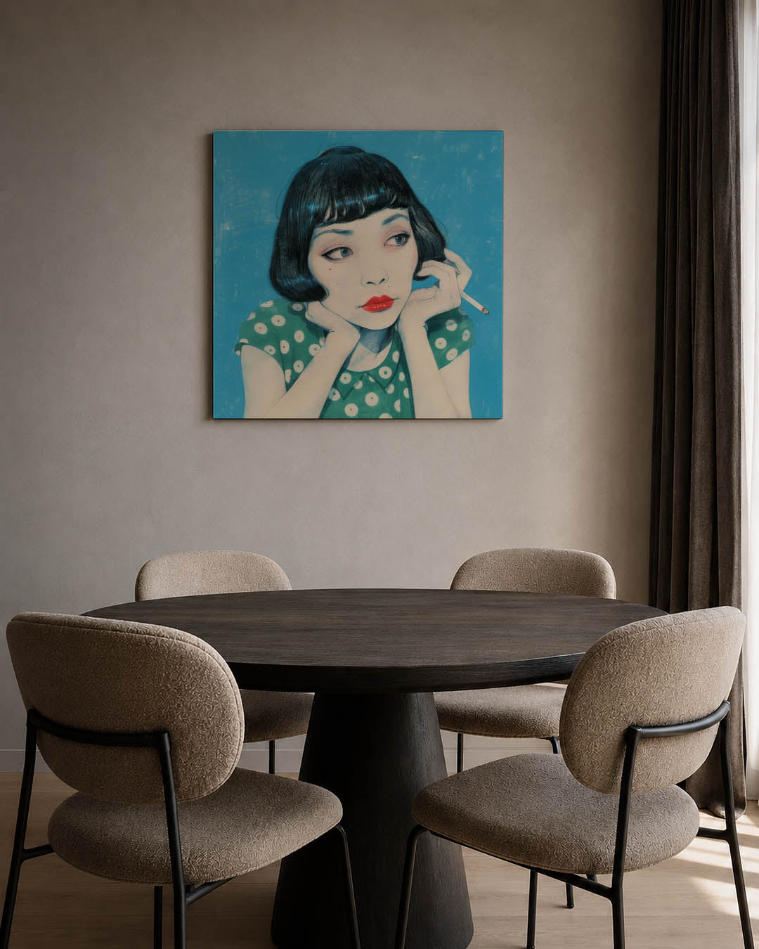 Dromerige blik kunstwerk – tweede productweergave – dit kunstwerk toont een vrouw met een dromerige blik tegen een blauwe