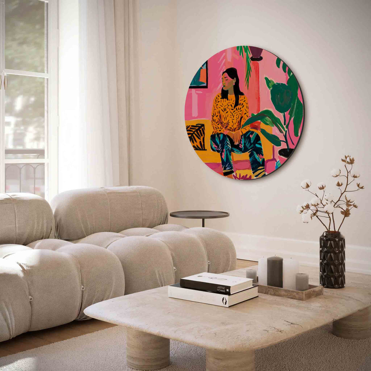 Vrouw met planten – illustratie muurcirkel als ronde muurdecoratie