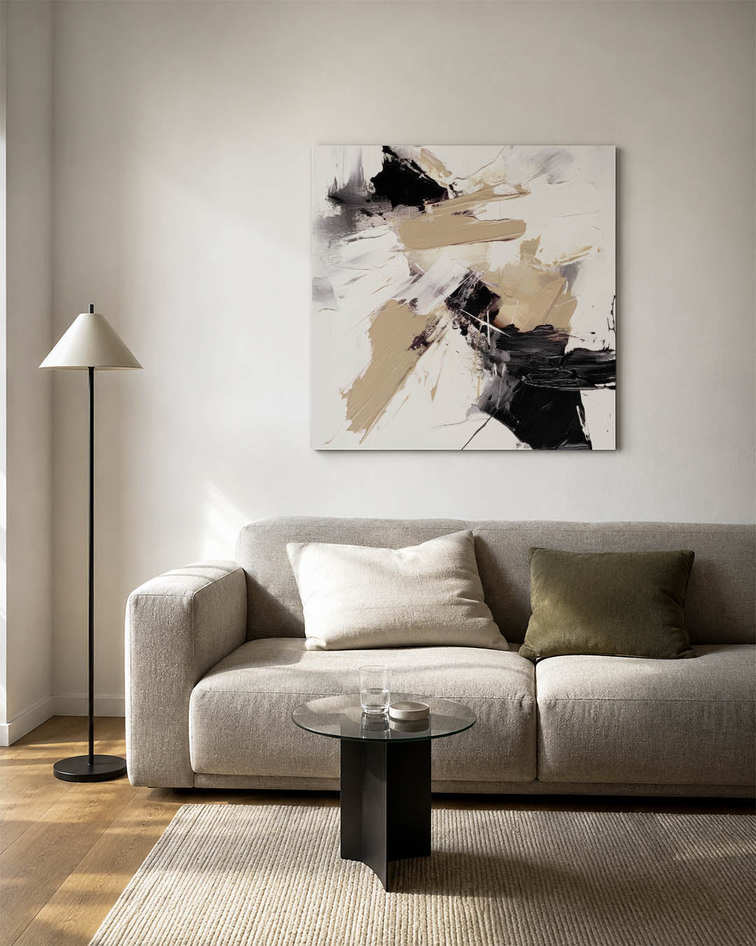 Dynamische kleurvlakken kunstwerk – vierkante wanddecoratie – dit werk toont een levendige mix van beige, zwart en wit. De