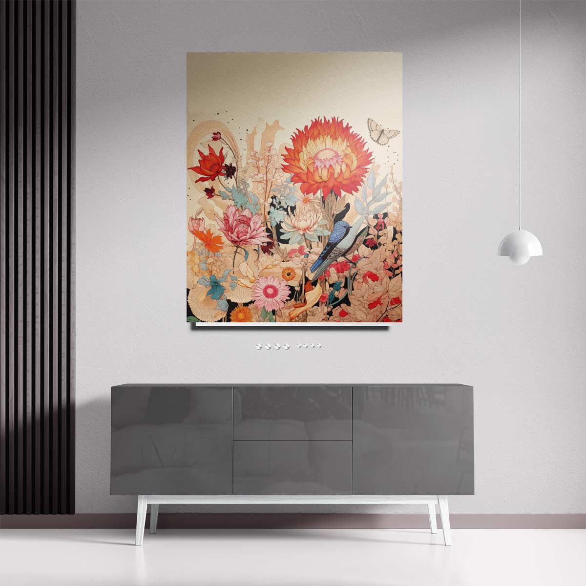 Vrolijke Bloemnatuur met Blauwe Vogel – staande wandkunst voor woonkamer of interieur