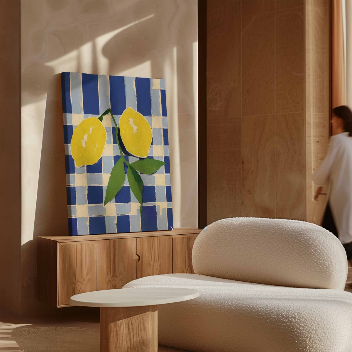 Zonnige Citroenen op Blauwe Schachtdoeken – dibond kunstwerk als wanddecoratie