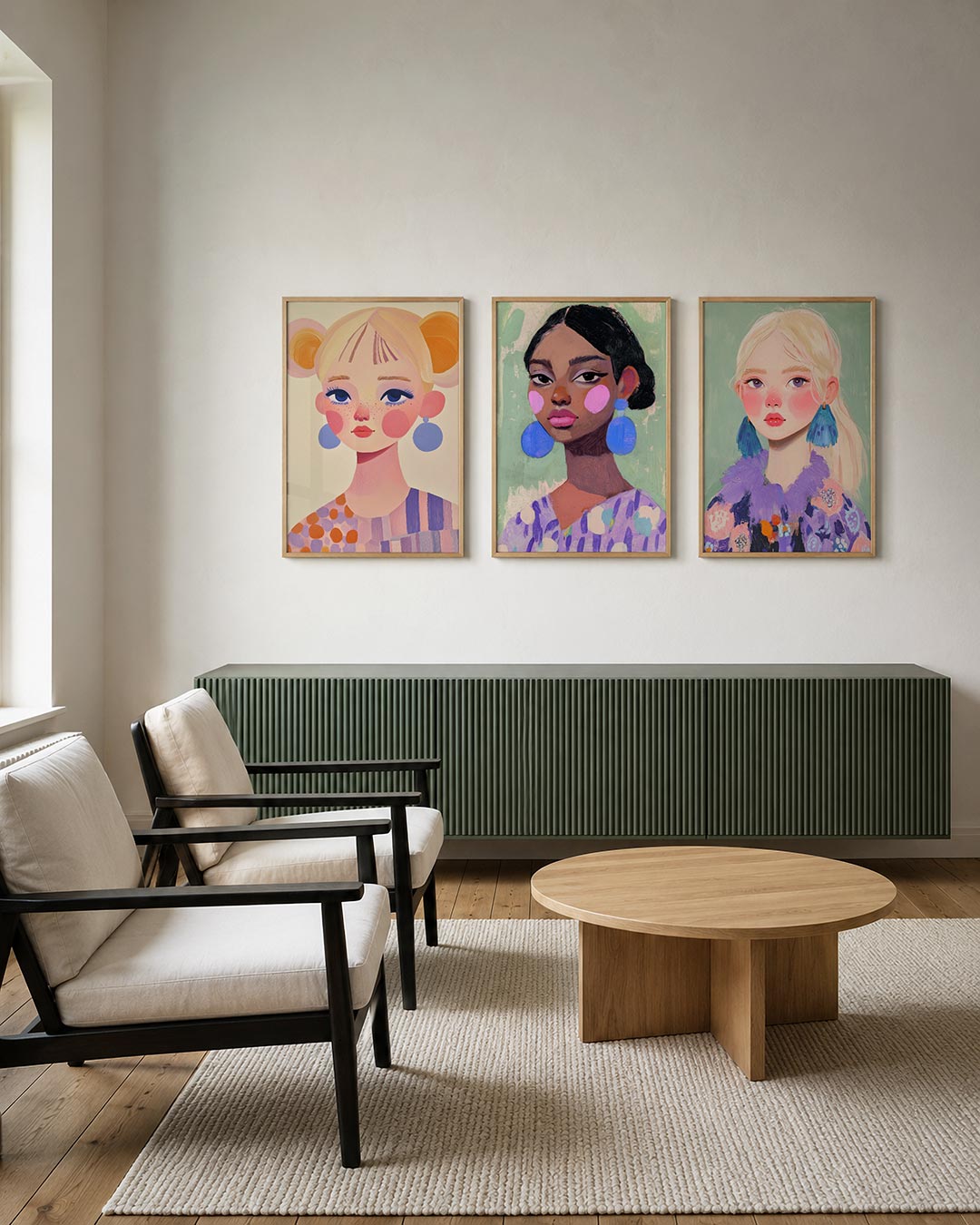 Kleurrijke portretvlakken posterset – tweede productweergave – een speelse compositie met ronde vormen en zachte kleuren
