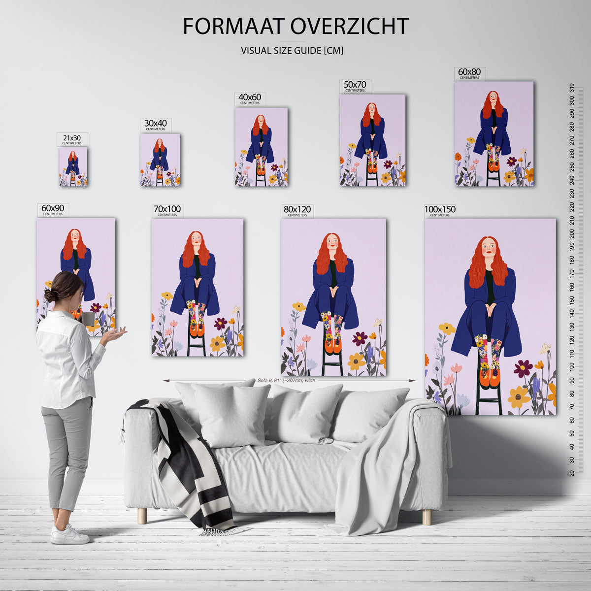 Vrouw op kruk met bloemen – staande muurposter voor een modern interieur
