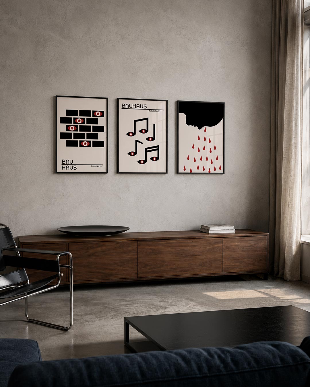 Oog en blok posterset – tweede productweergave – deze posterset in drie delen toont een ritme van zwarte rechthoeken met rode