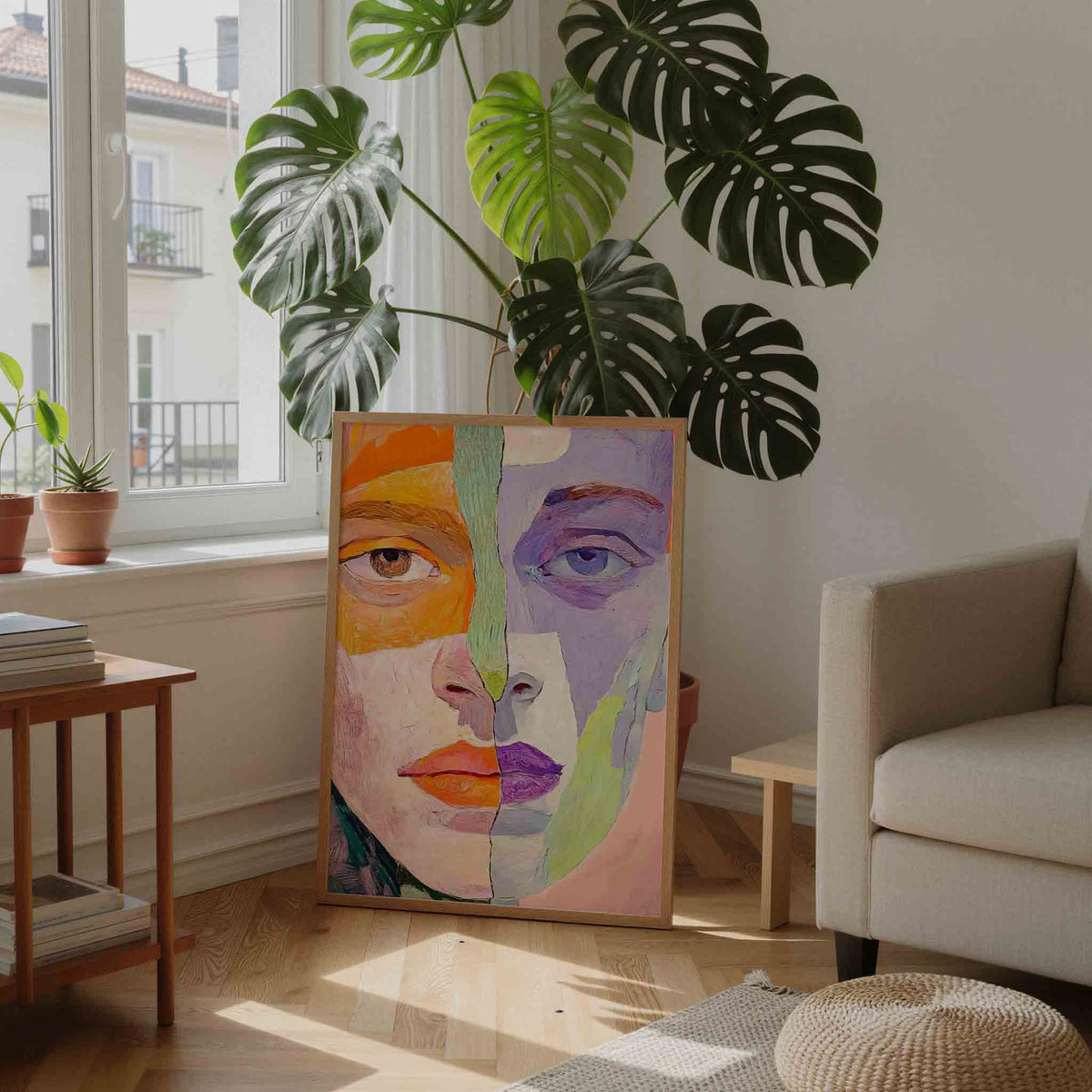 Gezicht in kleurrijke vlakken – staande dromerige wanddecoratie van WallArtistic