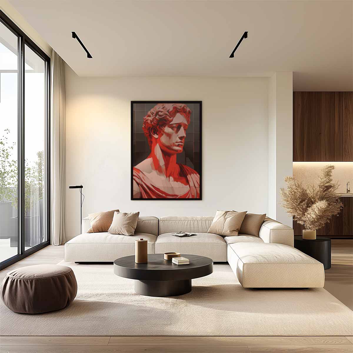 Klassieke Buste in Rood Licht – plexiglas wanddecoratie in portret formaat
