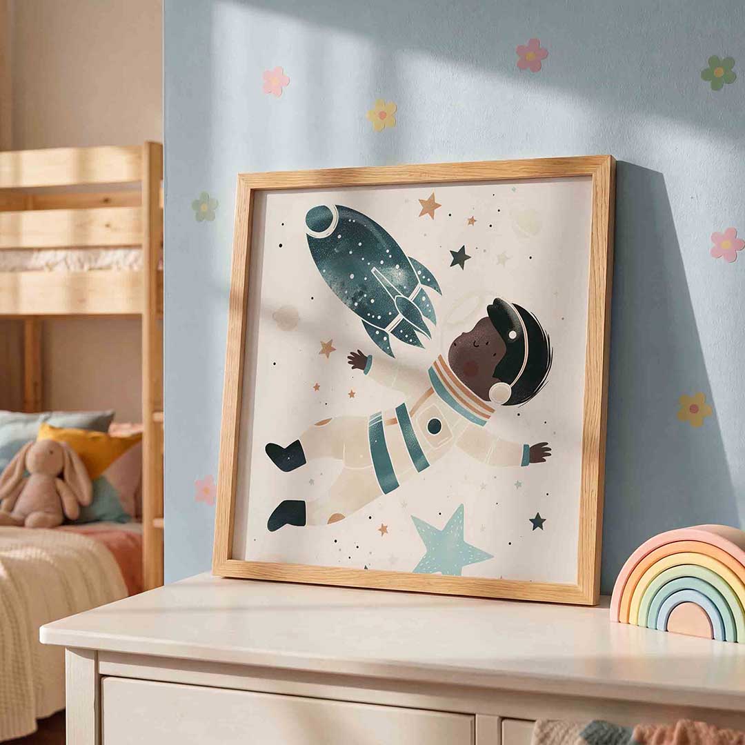 Astronaut en raket – speelse wandkunst als vierkante kinderposter