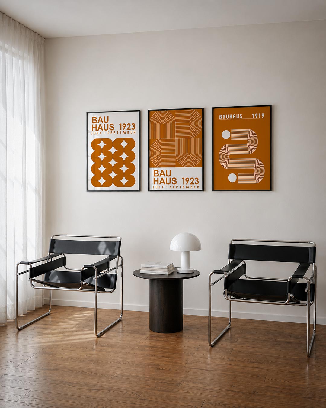 Vorm en ritme driedelige posterset – deze posterset in drie delen toont een speelse ordening van oranje halve cirkels die