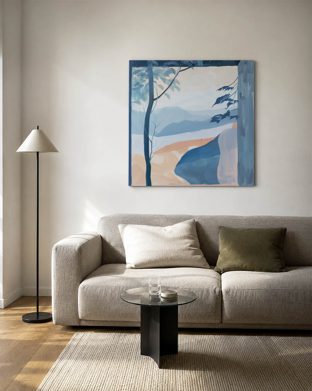 Landschap met blauwtinten kunstwerk – vierkante wanddecoratie – dit werk toont een serene compositie van vloeiende lijnen en