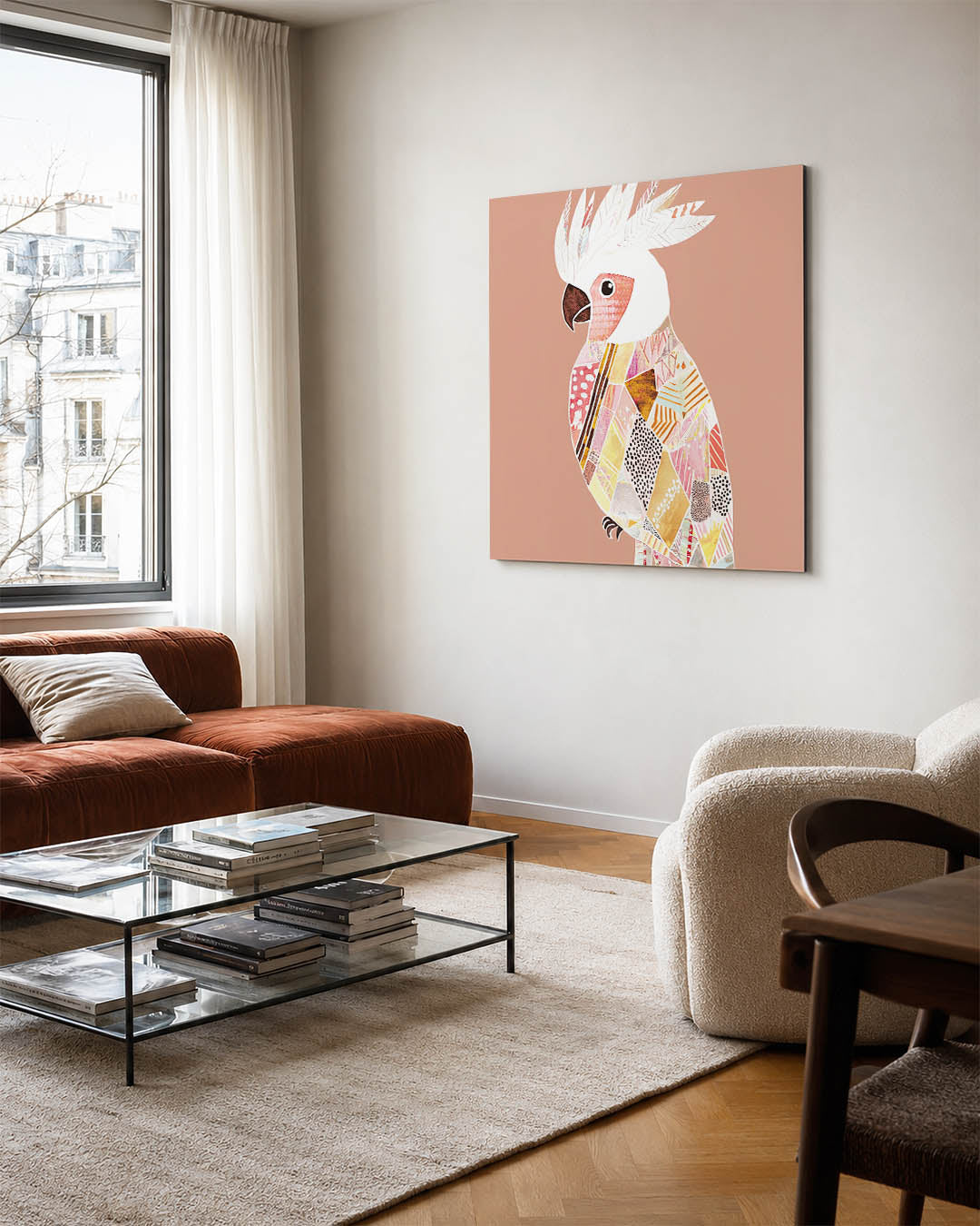 Vrolijke vogel collage kunstwerk – vierkante wanddecoratie – dit kunstwerk toont een kleurrijke vogel met een mozaïek van