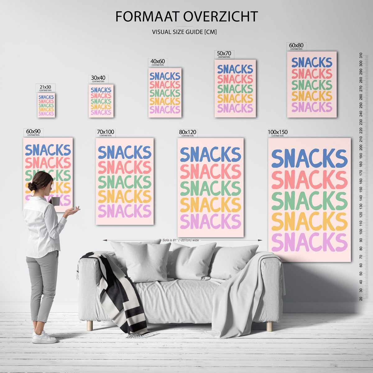 Snacks herhalende tekst – staande muurposter voor keuken of eethoek