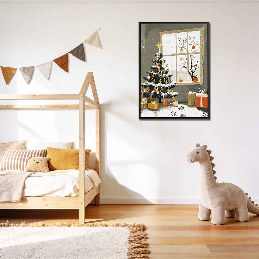 Kerstboom en cadeaus – kunstwerk als stijlvolle wanddecoratie