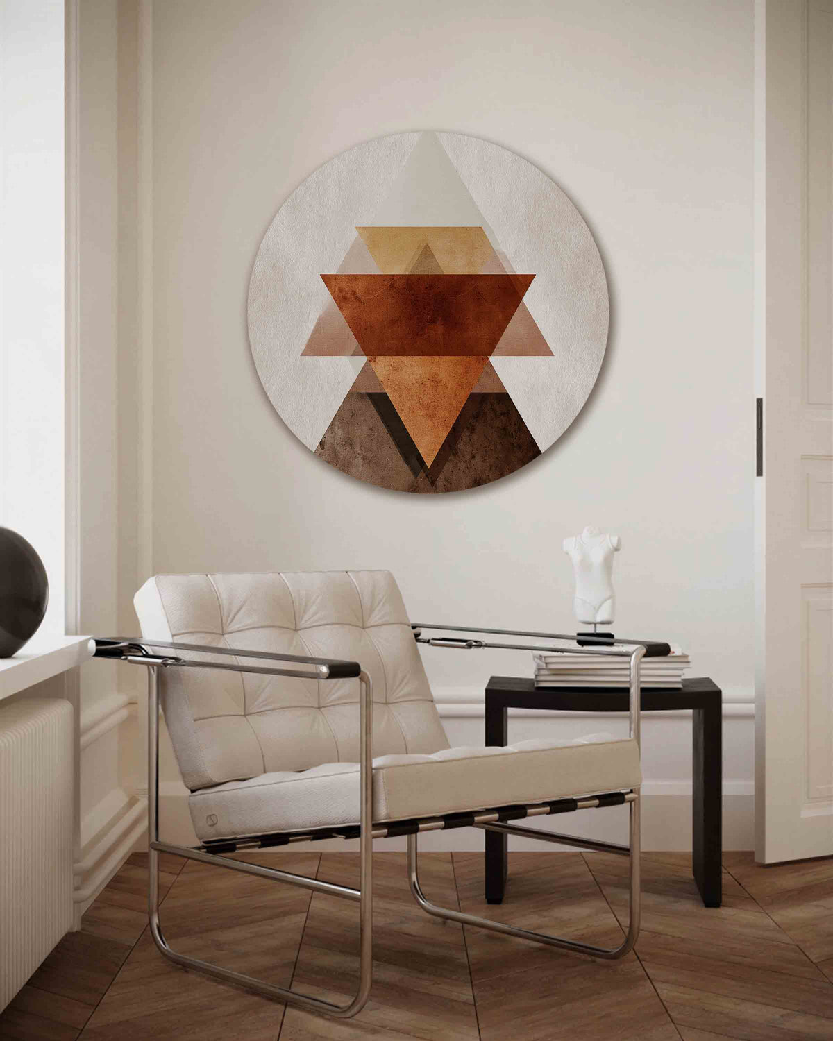 Geometrische driehoeken – vrouwelijk portret muurcirkel als wanddecoratie