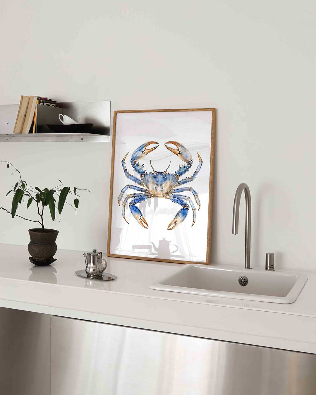 Blauwe krab – blauw-witte poster in staand formaat