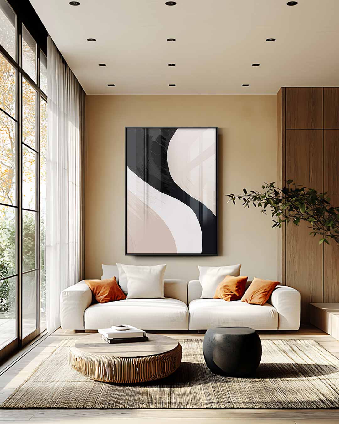 Vloeiende Vormen in Neutrale Tinten – staande wandkunst voor woonkamer of interieur