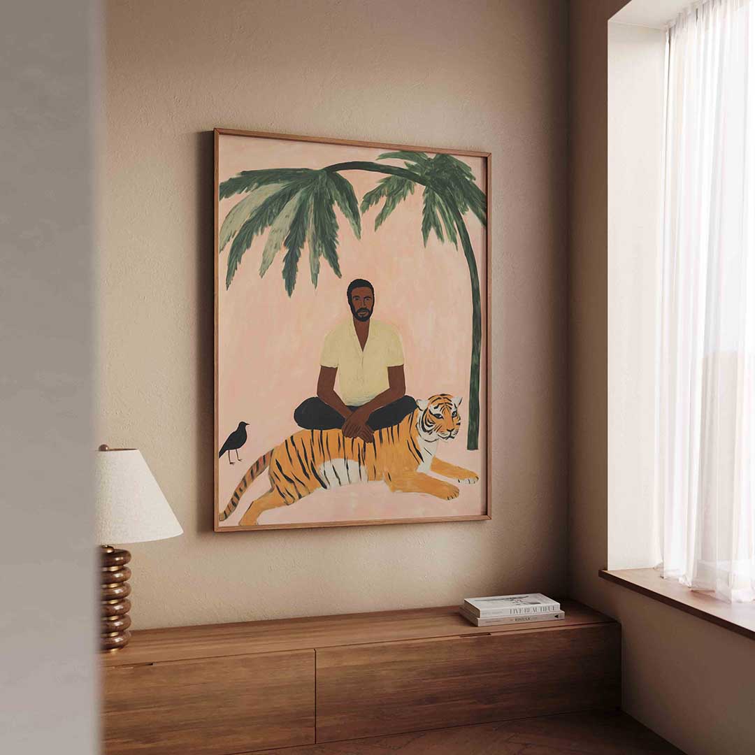 Man met tijger en palm – tropische wandkunst als portret poster