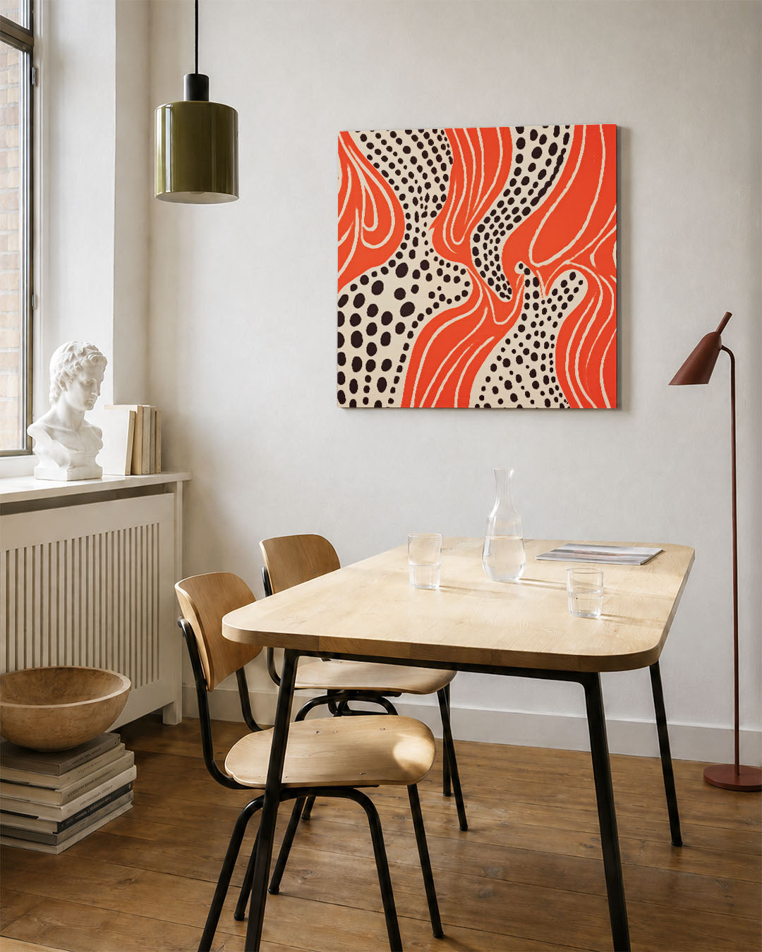 Golvende patronen kunstwerk – vierkante wanddecoratie – dit kunstwerk toont vloeiende lijnen en stippen in een dynamische