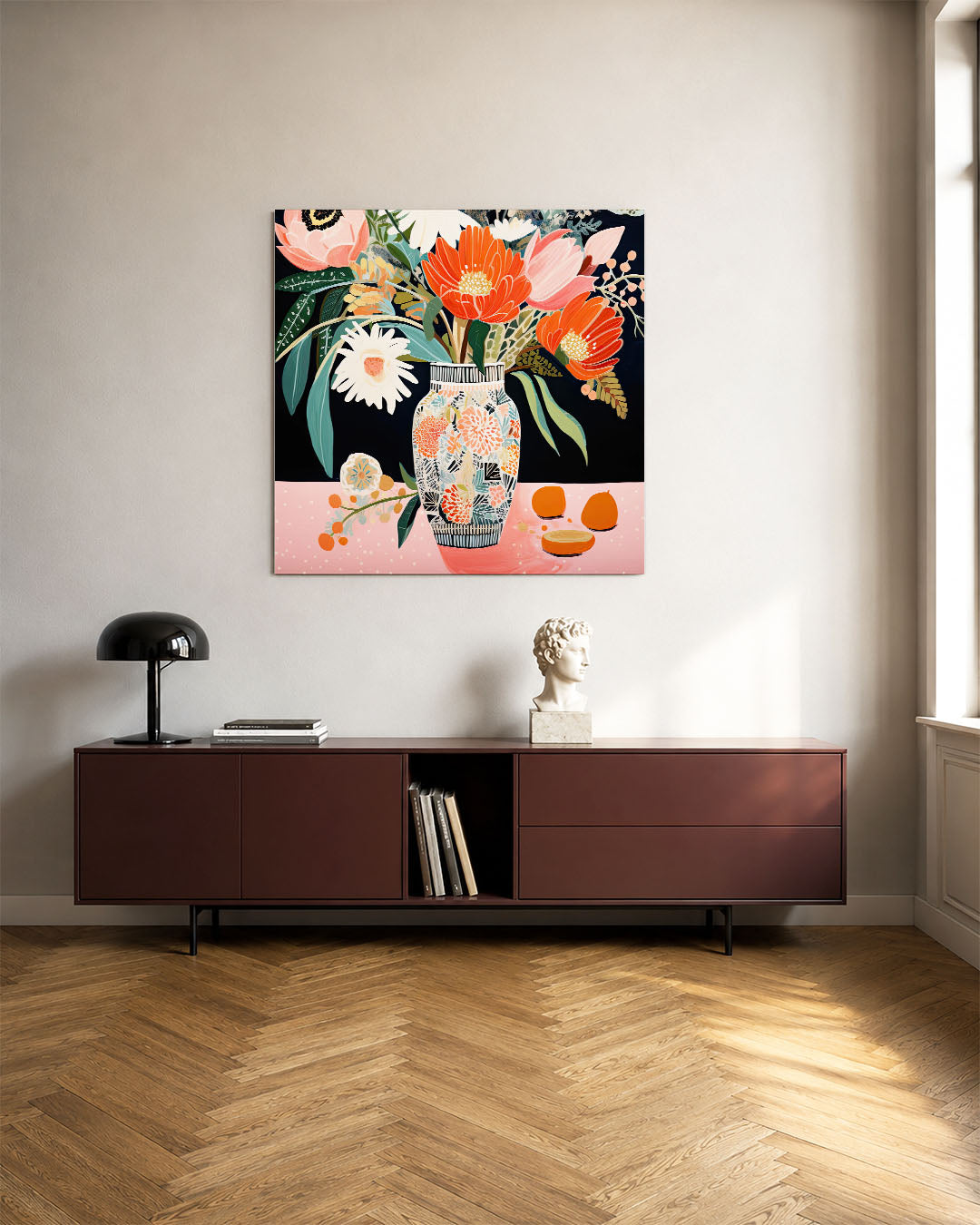 Bloemen in vaas kunstwerk – tweede productweergave – dit werk toont een kleurrijk boeket in een vaas tegen een donkere
