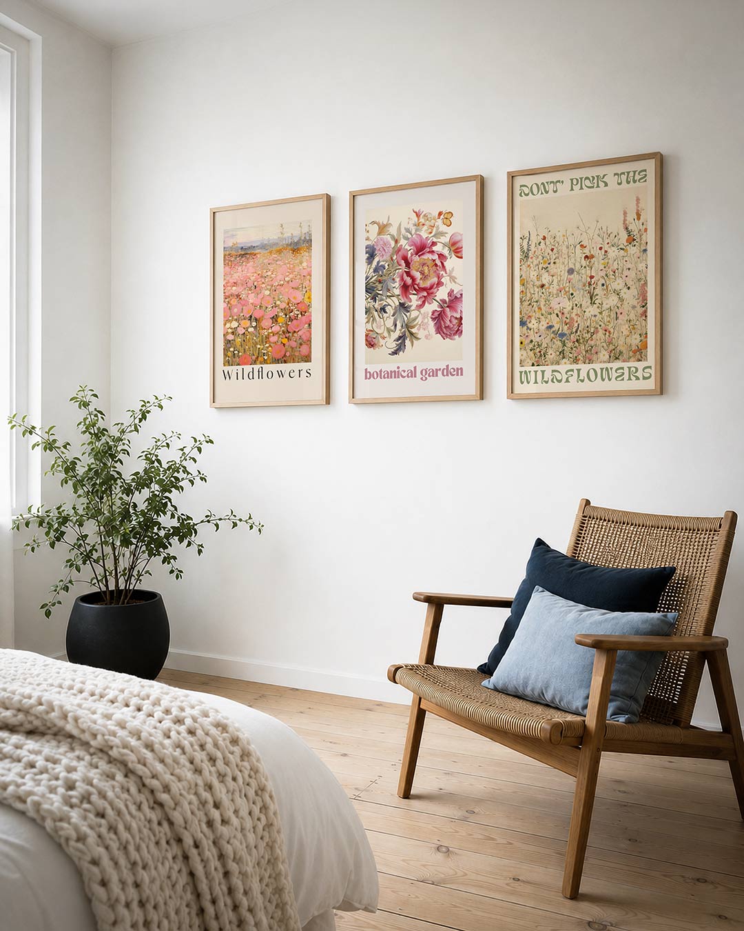 Bloemenweelde posterset – derde productweergave – een zee van roze en gele bloemen verspreid over een veld,
