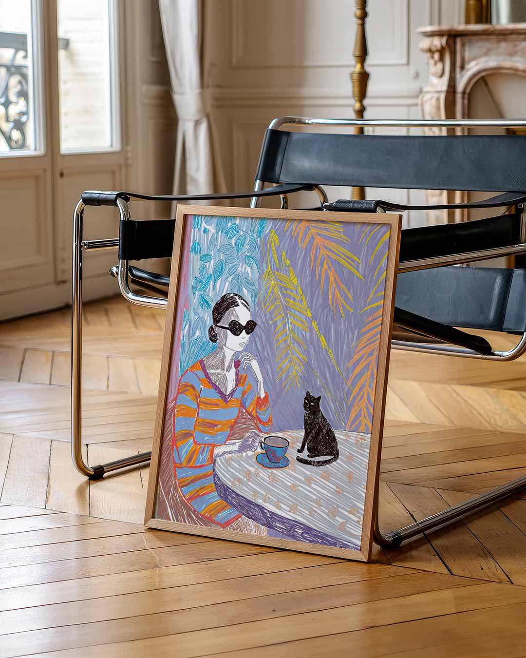 Vrouw met Kat Illustratie – staande muurposter met zomerse uitstraling