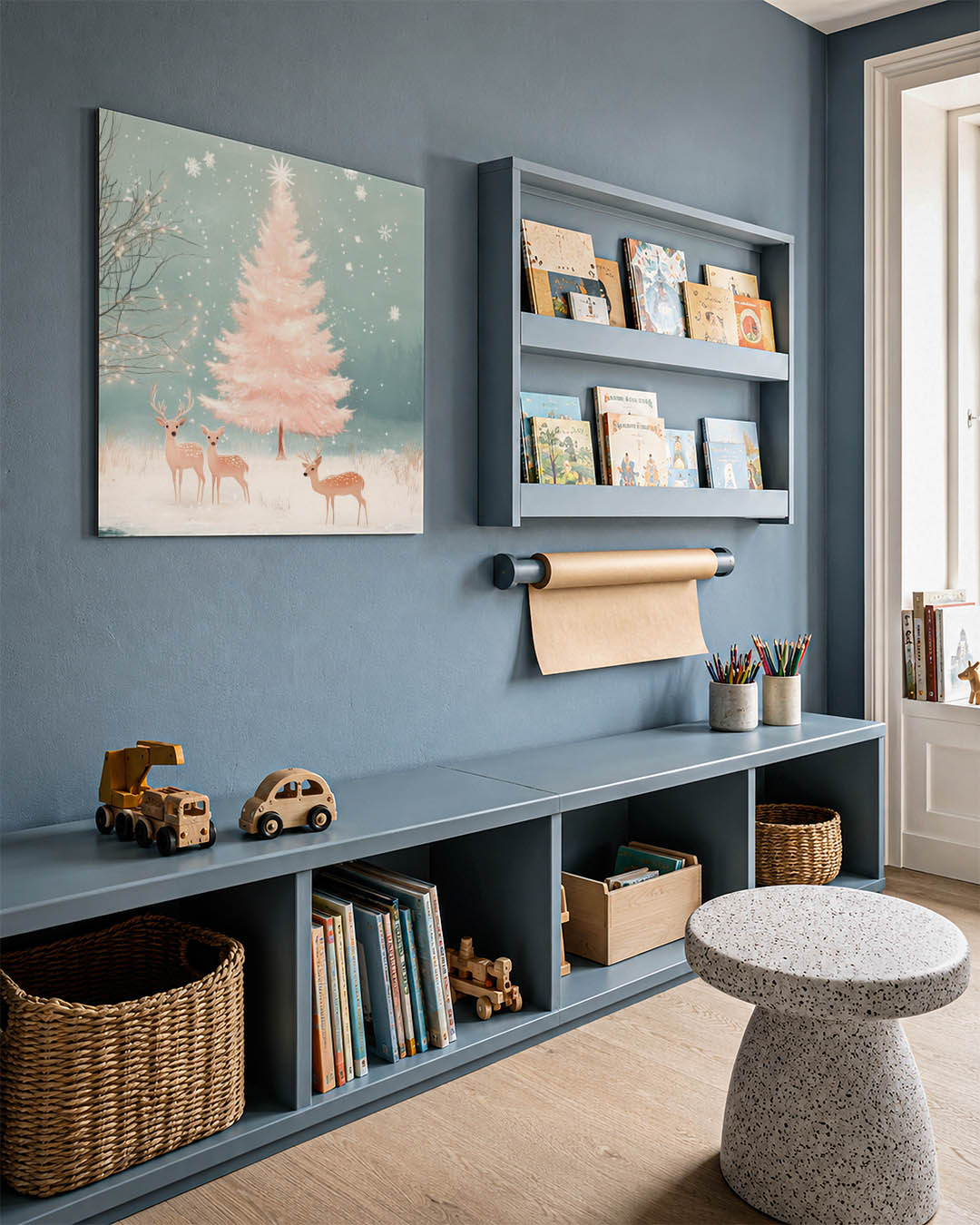 Winterlandschap met herten kunstwerk – detailweergave – dit werk toont een serene winterse scène met een roze boom en drie
