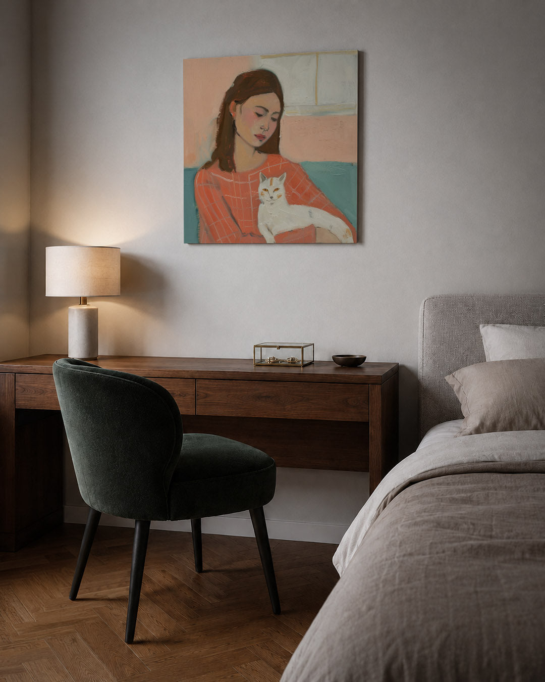 Vrouw met kat kunstwerk – sfeerbeeld – dit kunstwerk toont een vrouw met een kat op schoot. De zachte kleuren en vloeiende