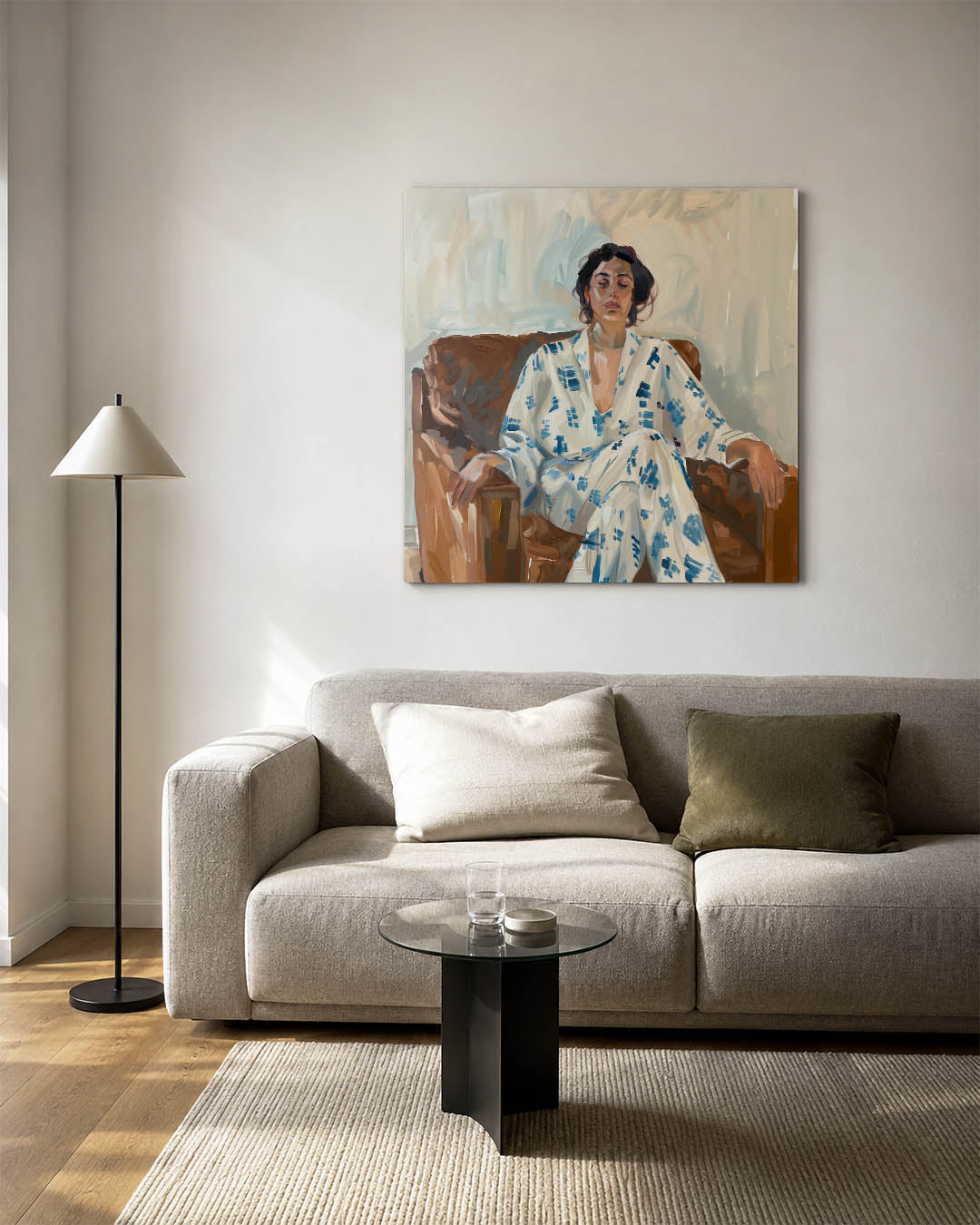 Ontspannen moment kunstwerk – vierkante wanddecoratie – dit kunstwerk toont een vrouw in een stoel, omgeven door zachte